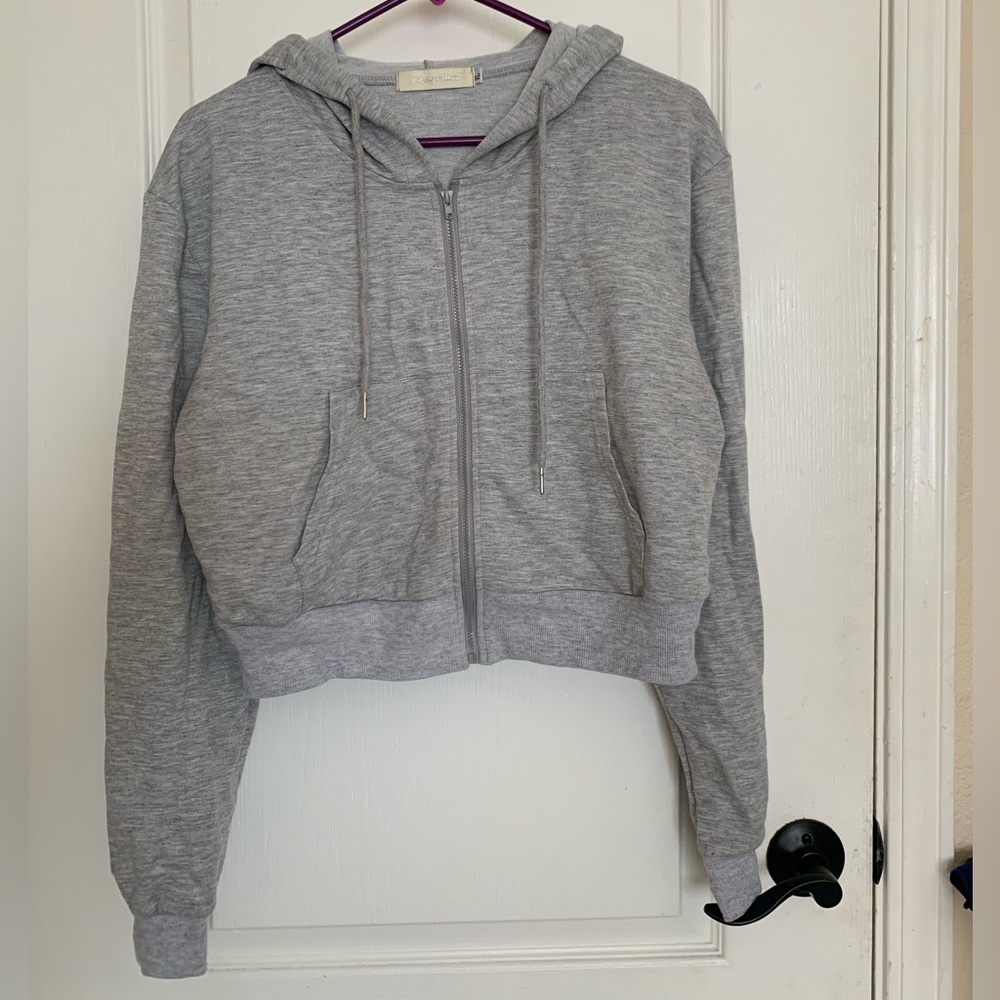 Milanpavilion Zip Up Cropped Grey Drawstring Hoodie Jacket Casual Long Sleeve - Picture 4 of 15